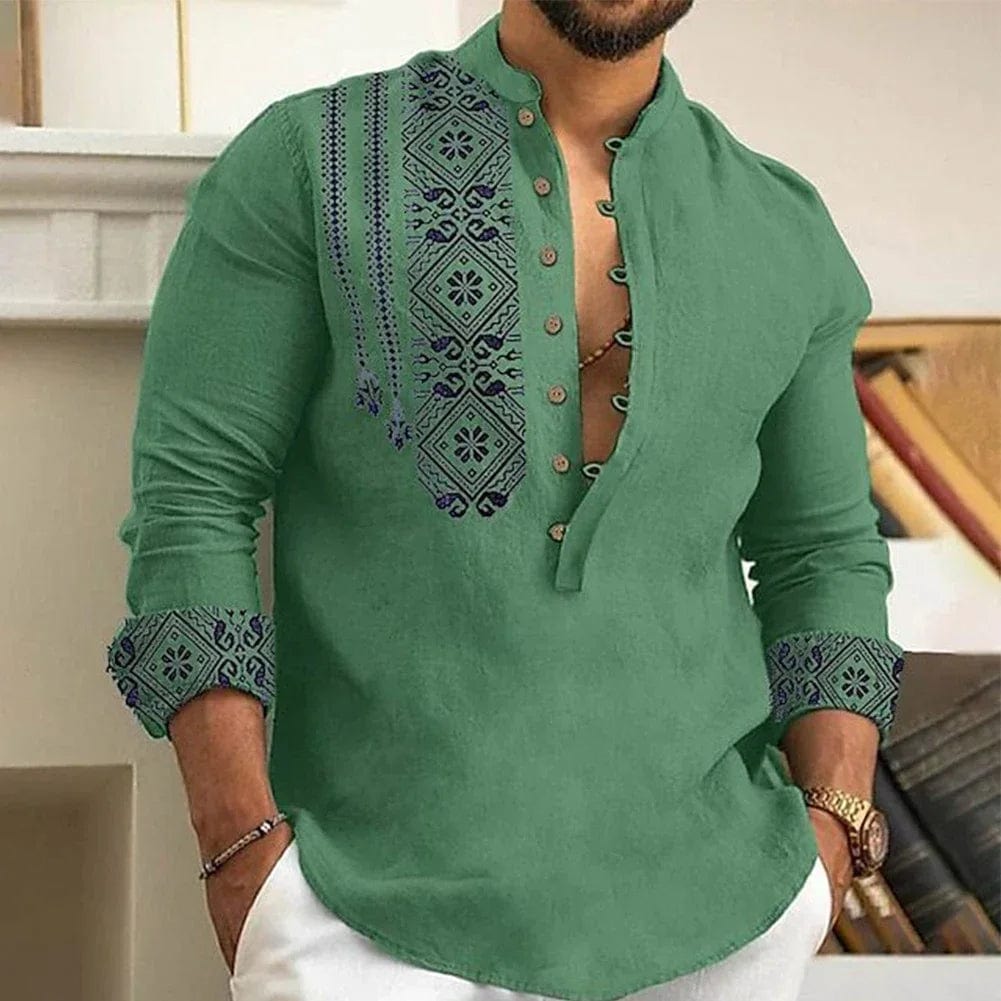 SHOWLU FASHION STORE Green / XXL / CHINA Stylish Men's Long Sleeve T Shirts, Loose Henley V Neck Beach Tops, Button Down Shirt Blouse for Summer Fashion