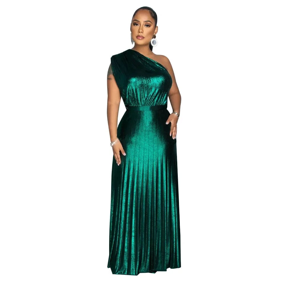 SHOWLU FASHION STORE green / XXL Elegant Women Even Dresses Luxury Maxi Long Metallic Pleated Dress One Shoulder Sleeveless Premium Shiny Shimmer Gowns