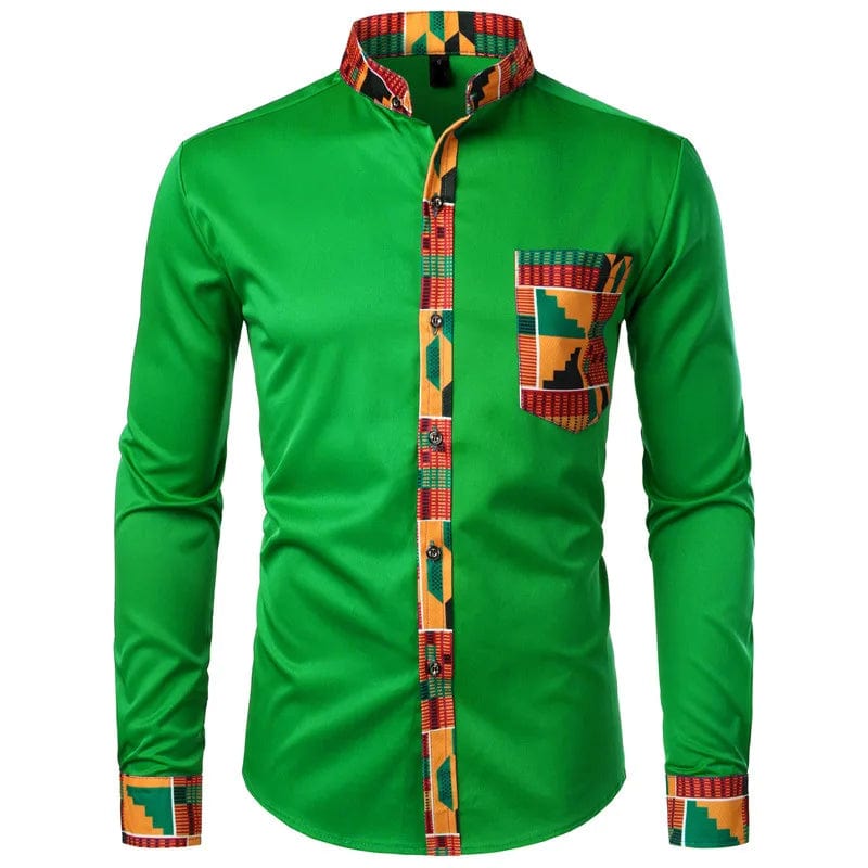  Showlu Fashion Store Green / XXL New African Clothing Men's Shirt Standing Neck Digital Printing Long Sleeve Flower Shirt Men's Cardigan Top