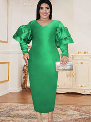 SHOWLU FASHION STORE Green / XXXL Christmas Dress V Neck Long Flare Sleeve Bodycon Green Red Midi Length  Plus Size Dresses for Women Party Evening Wnter 2023 New