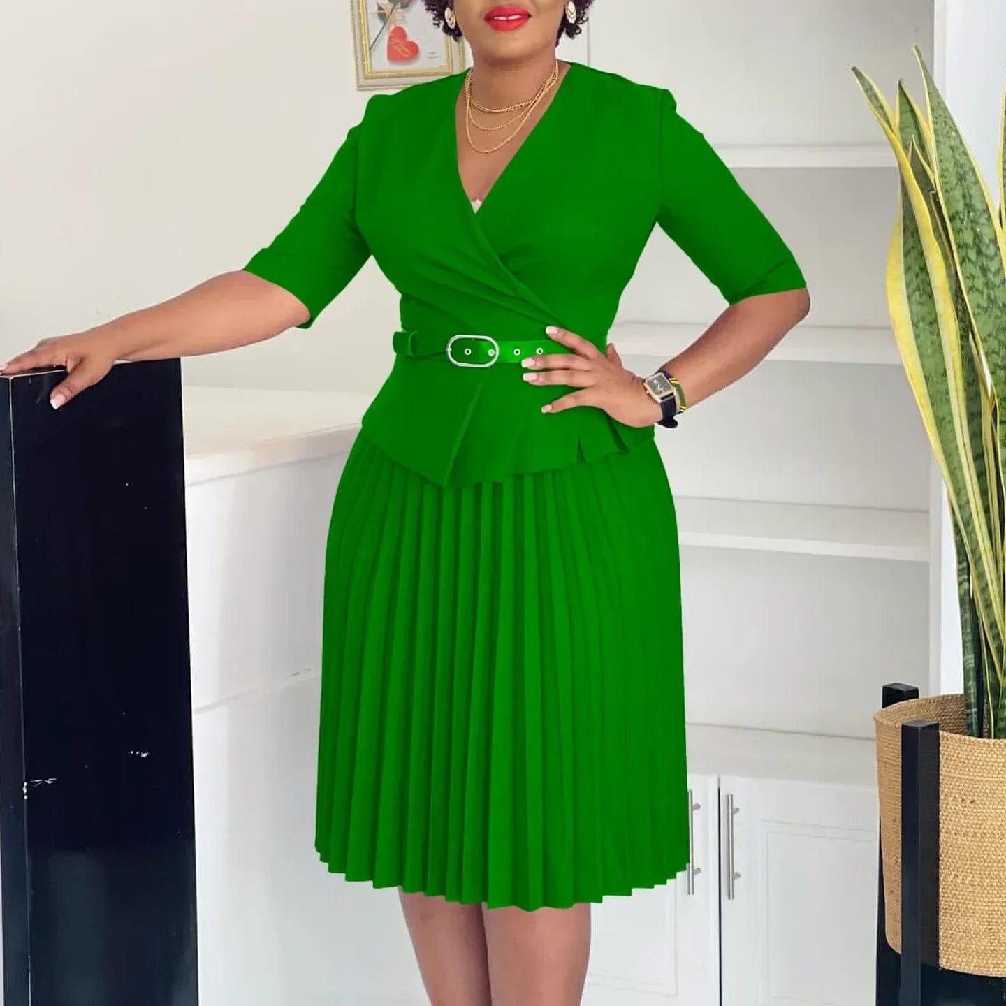 SHOWLU FASHION STORE Green / XXXL Elegant Church Dresses for Women V Neck Peplum Pleated Waist Belt Female Half Sleeves Classy Modest African Summer Fashion Gowns