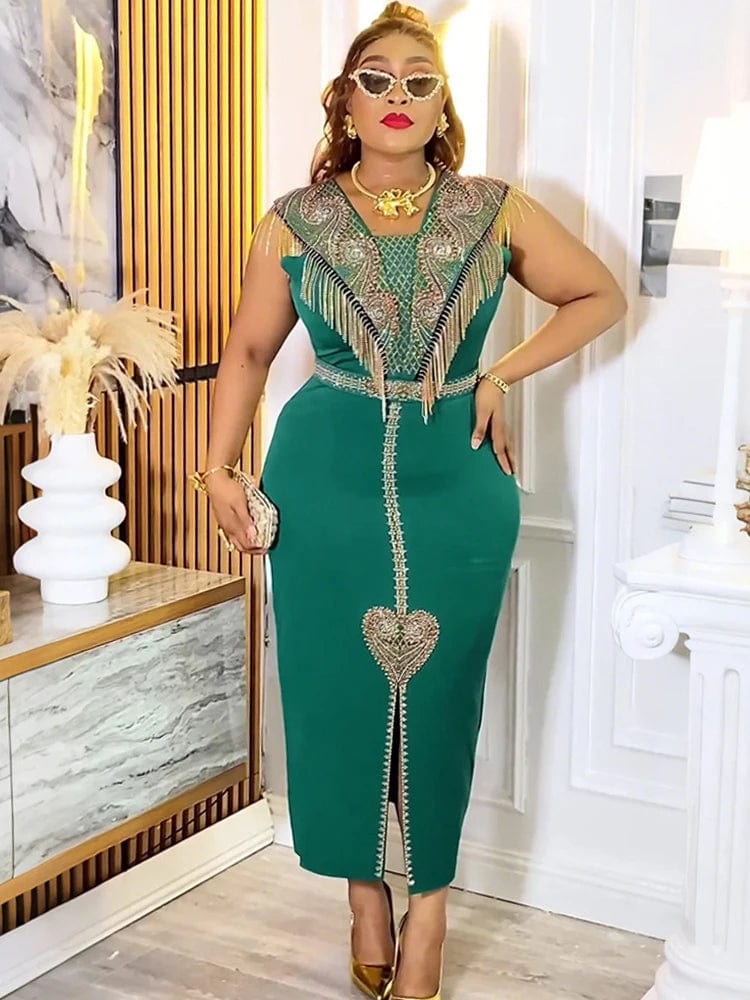 SHOWLU FASHION STORE Green / XXXL Elegant Ladies Party Dresses African Clothes Luxury Sequin Tassel Dress Office Ladies Overalls Sleeveless Bodycon Maxi Robes