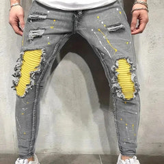  Showlu Fashion Store grey / 29 Men's Casual Creative Street Style High Stretch Paint Splatter Ripped Design Slim Fit Jeans Denim Pants For Spring Summer