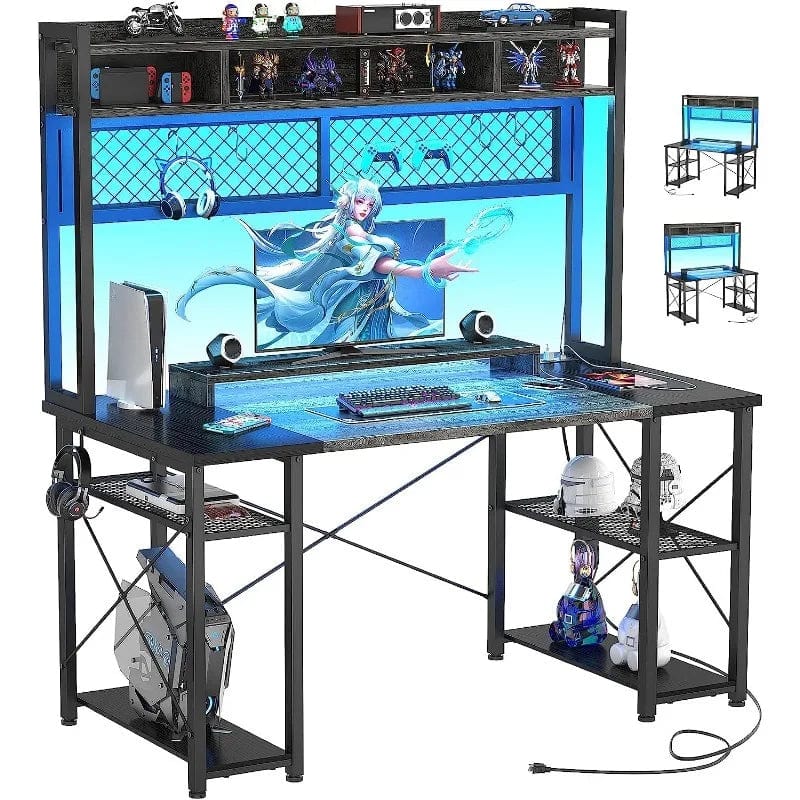 SHOWLU FASHION STORE Grey And Black / United States 2024 Upgrade Gaming Desk with Hutch, 48'' Magic Computer Desk with LED and Outlets, Reversible Workstation Desk with Pegboard