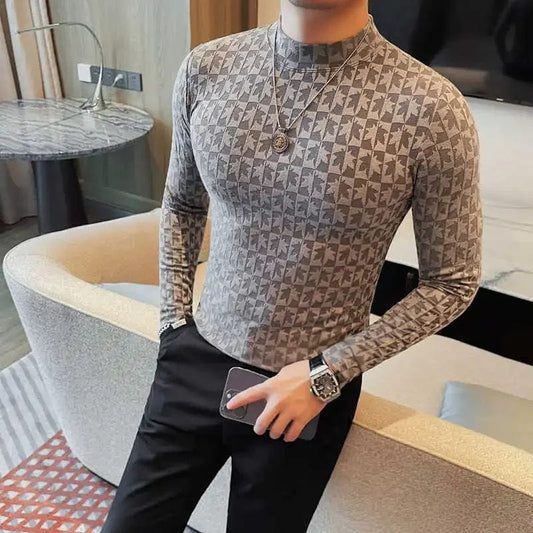 SHOWLU FASHION STORE Grey / Asia XL 61- 66KG / CHINA Printed Semi Turtleneck Elastic T-shirt For Men Clothing Autumn New Long Sleeves Jacquard Tight-Fitting Solid Color Slim-fit Tee