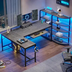 SHOWLU FASHION STORE Grey / CHINA Shaped Computer Desk, 63'' Desk with Storage Shelves, Keyboard Tray, Monitor Stand and Headphone Hook, Corner Gaming Desk