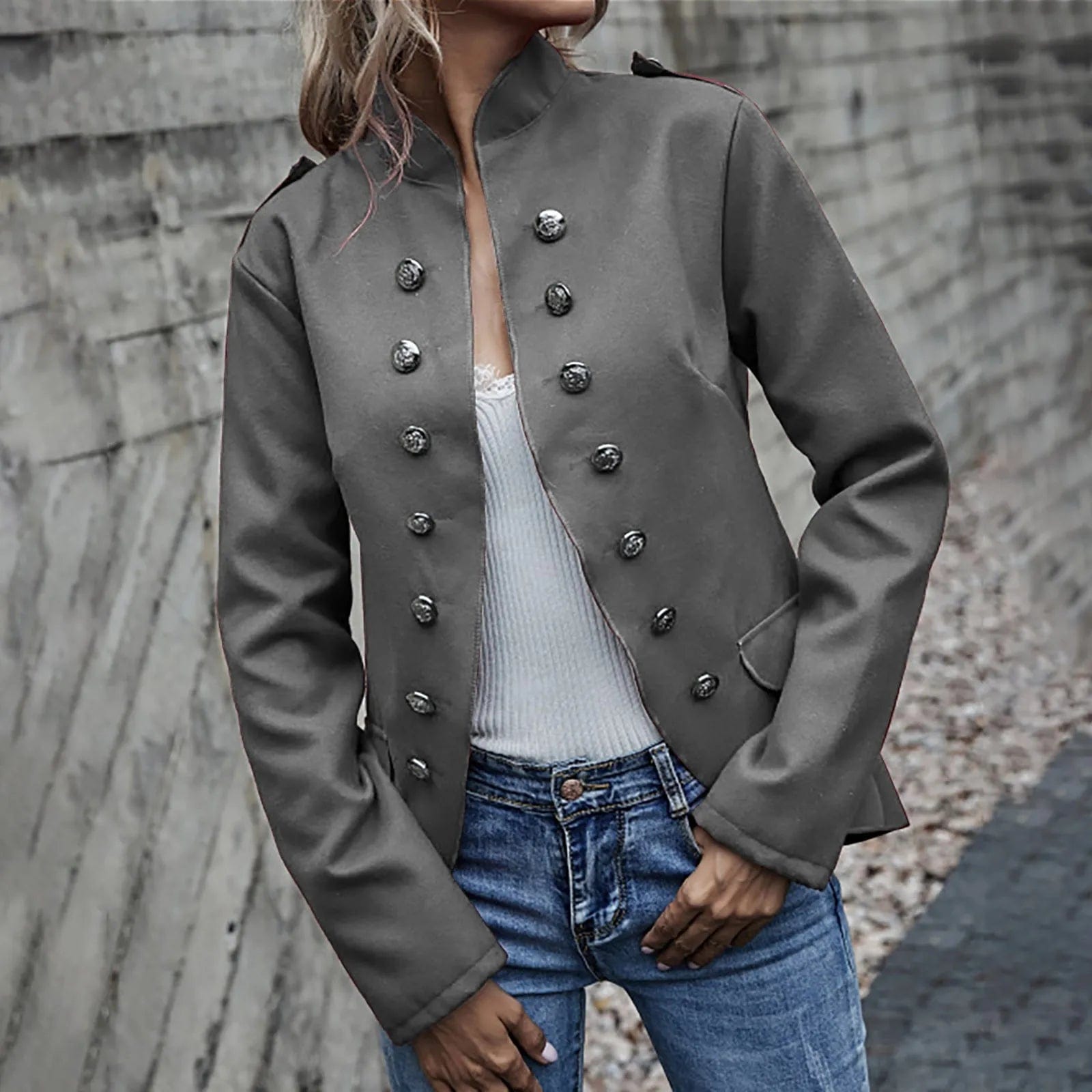 SHOWLU FASHION STORE Grey / M / United States Women's Autumn And Winter New in Outwear Solid Color stand collar Casual Fashion Suit Coat Double Row Button  Business Jacket