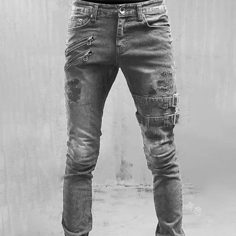  Showlu Fashion Store Grey / S Men Slim Biker Ripped Long Denim Trousers Skinny Jeans Pocket Side Straps and Zips Male Jogging Pants Destroyed Stretchy Pants