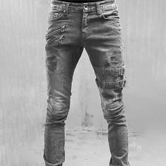  Showlu Fashion Store Grey / S Men Slim Biker Ripped Long Denim Trousers Skinny Jeans Pocket Side Straps and Zips Male Jogging Pants Destroyed Stretchy Pants