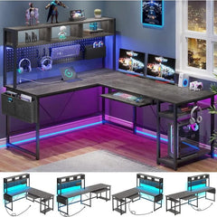 SHOWLU FASHION STORE Grey / United States L Shaped Computer Desk, Reversible Corner Desk with Power Outlet and Pegboard, Computer Desk with Led Lights, Keyboard Tray