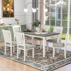 SHOWLU FASHION STORE Grey white / United States 7-Piece Kitchen Dining Table Set for 6, Wood Kitchen Table and 6 Upholstered Chairs with Backrest