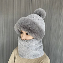  Showlu Fashion Store Grey Winter Scarf Set Hooded for Women Plush Neck Warm Russia Outdoor Ski Windproof Hat Thick Plush Fluffy Beanies