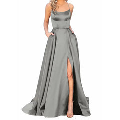 SHOWLU FASHION STORE Grey / XXL Sexy Spaghetti Strap Evening Stain Dresses Fashion Red Big Swing Front Slit Party Prom Dress Elegant Wedding Dresses Balls Gowns