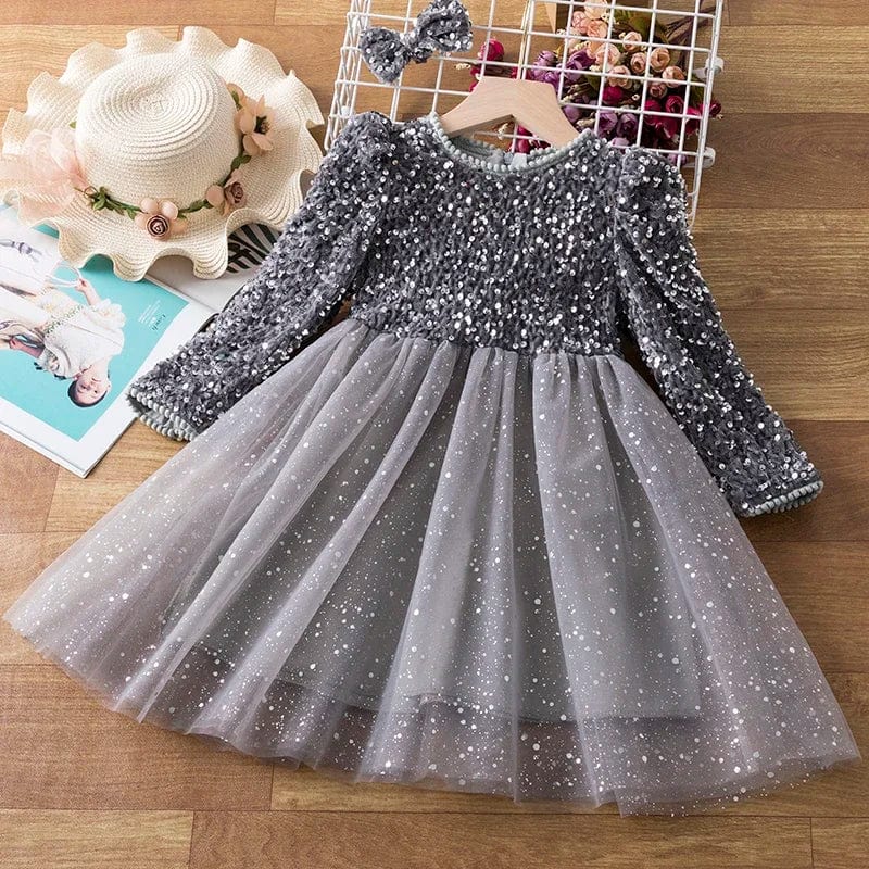  Showlu Fashion Store Grey1 / 3T Sequin Baby Girls Party Dresses with Hairpin Long Sleeve Kids Winter Princess Drsess 3-8 Yrs Red Christmas New Year Girls Dress