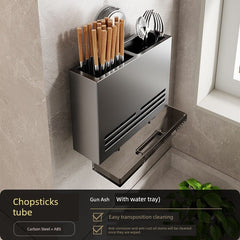 SHOWLU FASHION STORE Gun ash chopsticks holder with draining tray Punch-Free Suction Rack Wall-Mounted For Home Kitchen