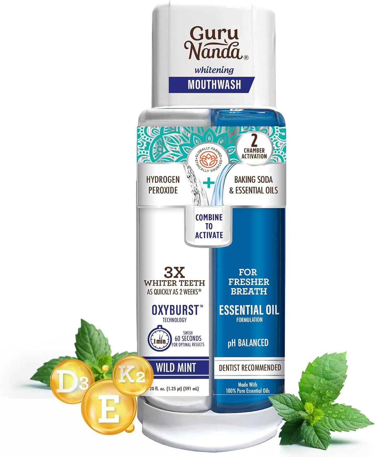  Showlu Fashion Store GuruNanda Dual Barrel Oxyburst Whitening Mouthwash - Contains Hydrogen Peroxide to Promote Whiter Teeth - Alcohol & Fluoride Free Rinse with 100% Natural Essential Oils, Wild Mint Flavor - 20 Fl Oz