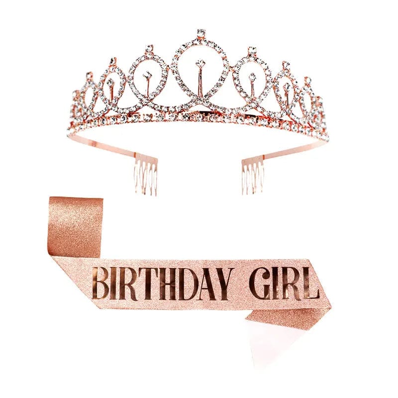  Showlu Fashion Store H01 rose gold girl Gold Silver Glitter Birthday Sash Rhinestone Tiara 18th Crystal Crown Birthday Queen Satin Ribbon Sash For Birthday Party Decor