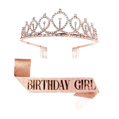  Showlu Fashion Store H01 rose gold girl Gold Silver Glitter Birthday Sash Rhinestone Tiara 18th Crystal Crown Birthday Queen Satin Ribbon Sash For Birthday Party Decor