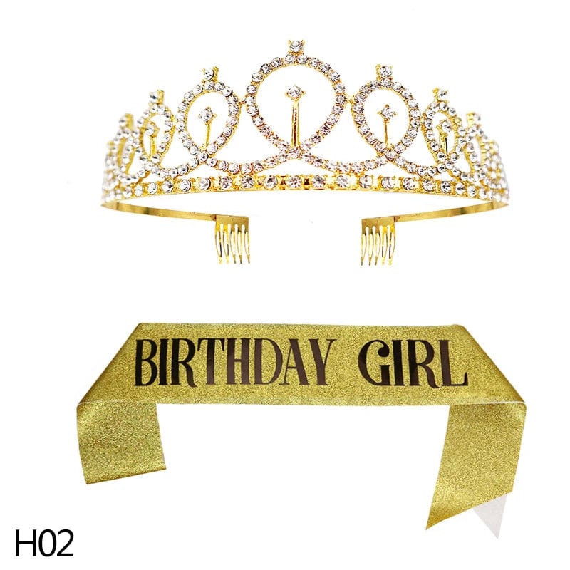  Showlu Fashion Store H02 gold girl Gold Silver Glitter Birthday Sash Rhinestone Tiara 18th Crystal Crown Birthday Queen Satin Ribbon Sash For Birthday Party Decor