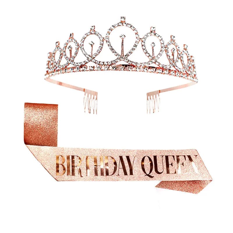  Showlu Fashion Store H04 rose gold queen Gold Silver Glitter Birthday Sash Rhinestone Tiara 18th Crystal Crown Birthday Queen Satin Ribbon Sash For Birthday Party Decor