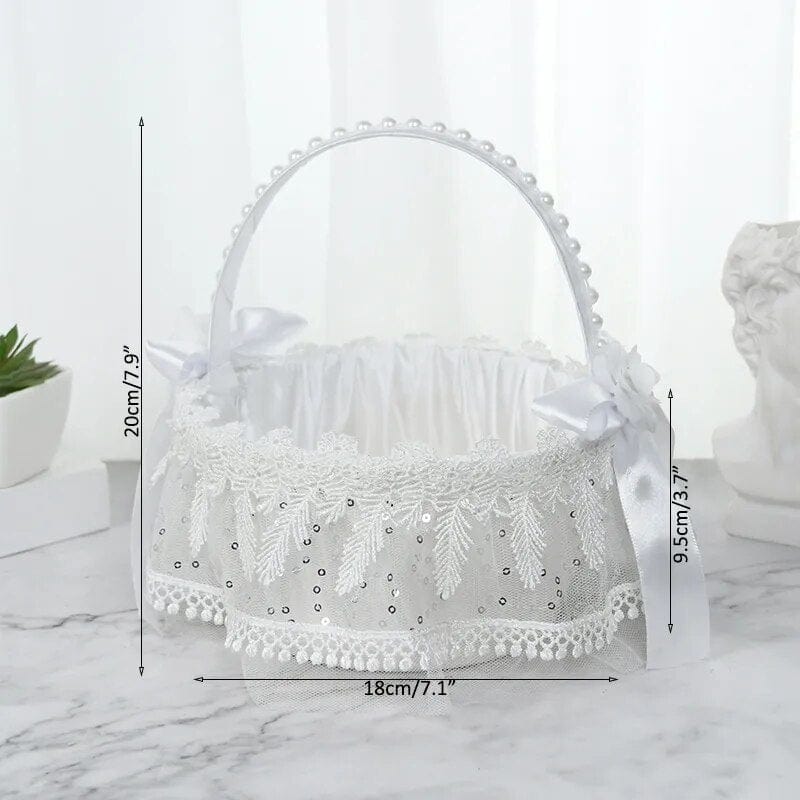 Showlu Fashion Store H05 20 cm White Flower Girls Basket Silk Wedding Basket for Flower Bride/Kids Hand Held Wedding Ceremony Party Decorations