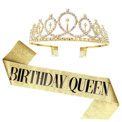  Showlu Fashion Store H05 gold queen Gold Silver Glitter Birthday Sash Rhinestone Tiara 18th Crystal Crown Birthday Queen Satin Ribbon Sash For Birthday Party Decor