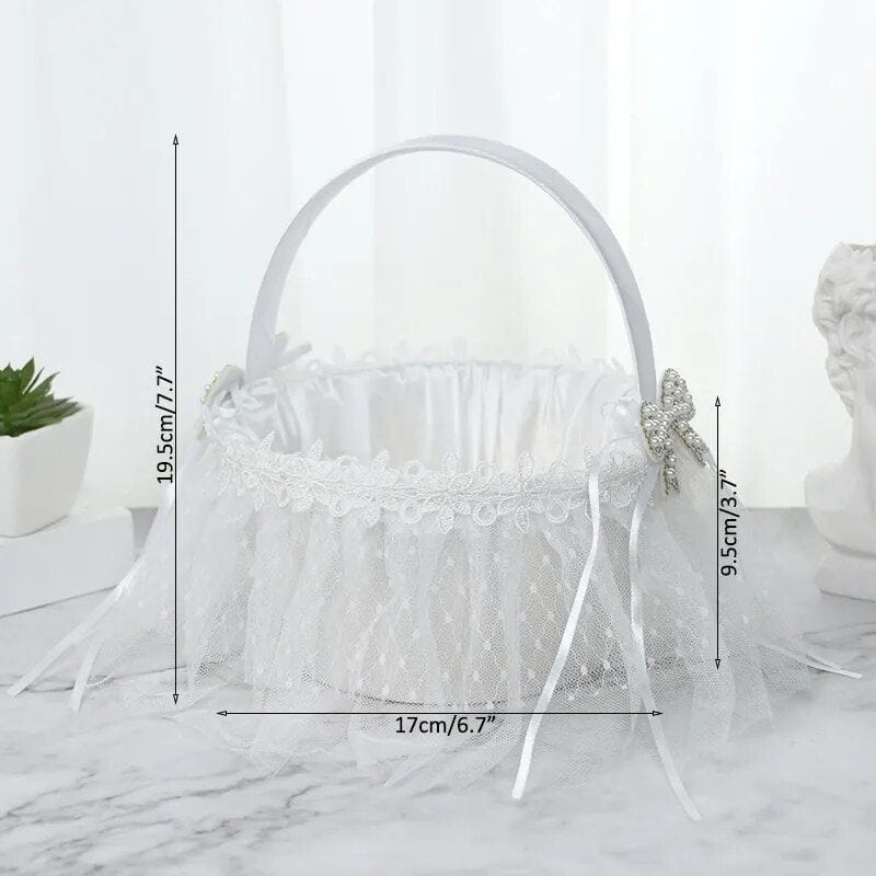 Showlu Fashion Store H06 20 cm White Flower Girls Basket Silk Wedding Basket for Flower Bride/Kids Hand Held Wedding Ceremony Party Decorations