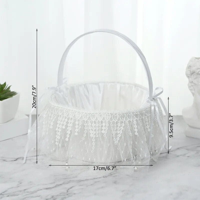 Showlu Fashion Store H08 20 cm White Flower Girls Basket Silk Wedding Basket for Flower Bride/Kids Hand Held Wedding Ceremony Party Decorations