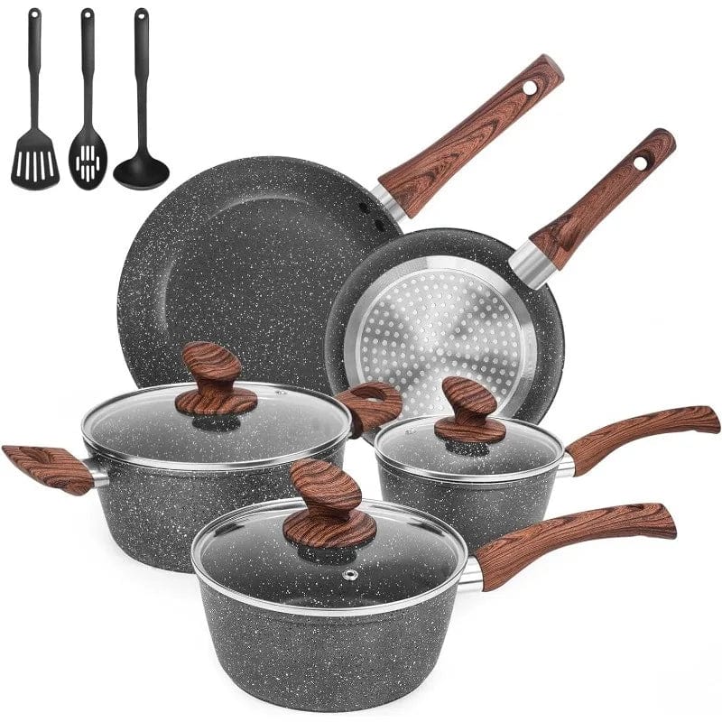  Showlu Fashion Store HC2022-11C / United States Granite Pots and Pans Set Ultra Nonstick,11 Piece Die-Cast Cookware Sets with Frying Pan, Sauce Pan, Stockpot, Stay Cool Handle