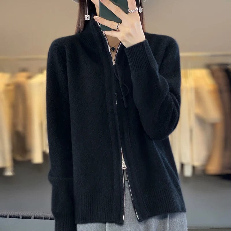 SHOWLU FASHION STORE hei / L / CHINA High Quality 100% Wool Women's Cardigan Standing Collar Bidirectional Zipper  Cashmere Sweater Autumn and Winter Sweater Jacket