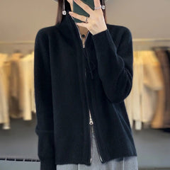 SHOWLU FASHION STORE hei / L / CHINA High Quality 100% Wool Women's Cardigan Standing Collar Bidirectional Zipper  Cashmere Sweater Autumn and Winter Sweater Jacket