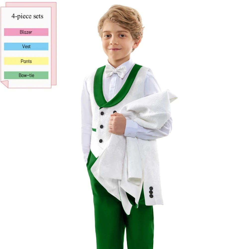  Showlu Fashion Store HH001-Green / 5T Handsome Child Fomal Dress Suit Set Wedding Prom Casual Boys 4 Pieces Blazer Vest Pants Bow Tie Suits For Birthday Party