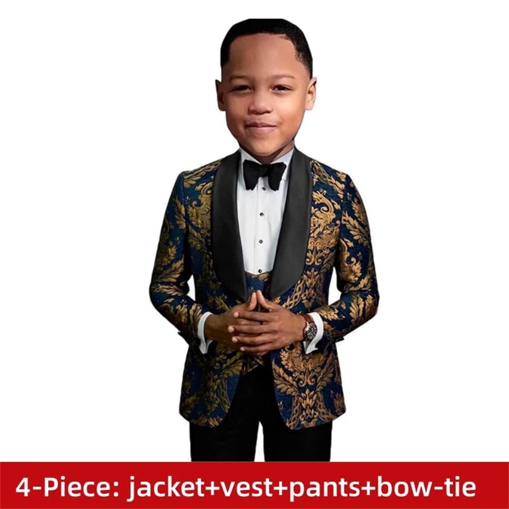  Showlu Fashion Store HH013 Black Collar / 12T Paisley Classic 3-Piece Suits for Boys Smart And Stylish Boy's Tuxedo Formal Outfit For Kids Blazer Vest And Pants For Party