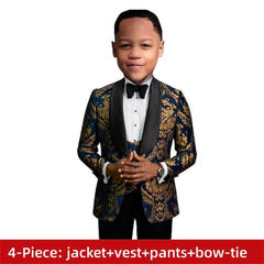  Showlu Fashion Store HH013 Black Collar / 12T Paisley Classic 3-Piece Suits for Boys Smart And Stylish Boy's Tuxedo Formal Outfit For Kids Blazer Vest And Pants For Party