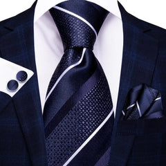 SHOWLU FASHION STORE Hi-Tie Navy Blue Striped Silk Wedding Tie For Men Fashion Design Gift Men Necktie Hanky Cufflink Set Business Party Dropshiping