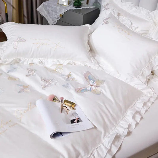 SHOWLU FASHION STORE High End Butterfly Embroidery White Bedding Set Luxury Egyptian Cotton Solid Color Ruffles Duvet Cover Bed Sheet Pillowcases