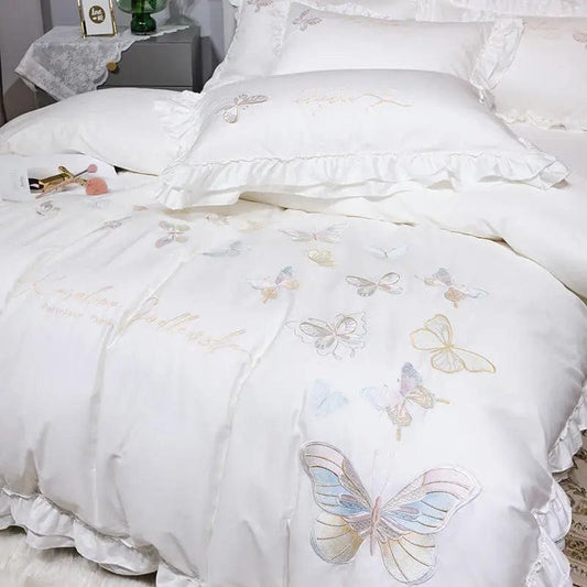 SHOWLU FASHION STORE High End Butterfly Embroidery White Bedding Set Luxury Egyptian Cotton Solid Color Ruffles Duvet Cover Bed Sheet Pillowcases