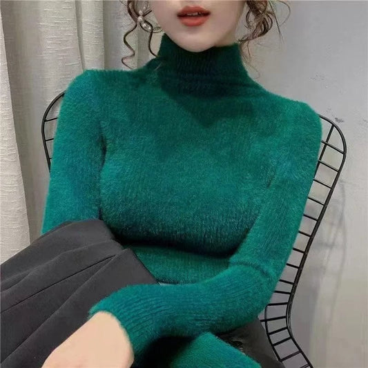 SHOWLU FASHION STORE High Neck Women Slim Warm Sweater Solid Basic All-Match Multi-Color Pullover Elegant Office Lady Knit Top Casual Chic New Trend