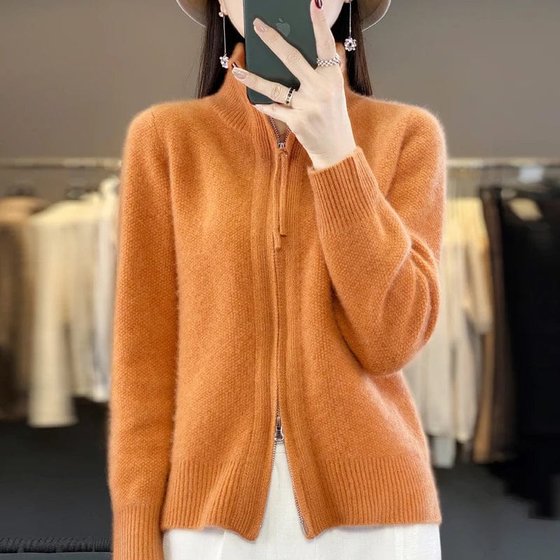 SHOWLU FASHION STORE High Quality 100% Wool Women's Cardigan Standing Collar Bidirectional Zipper  Cashmere Sweater Autumn and Winter Sweater Jacket