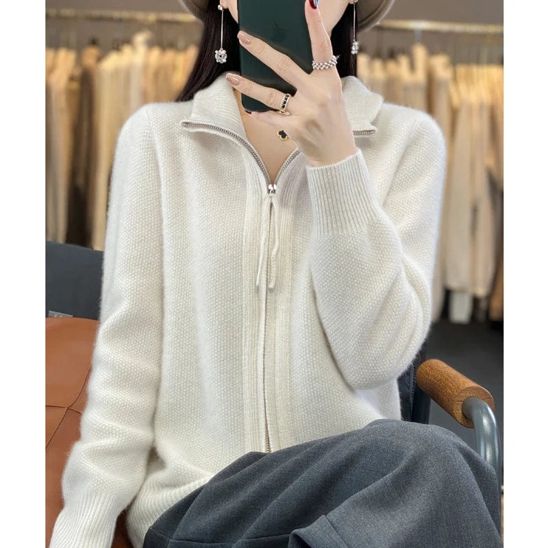 SHOWLU FASHION STORE High Quality 100% Wool Women's Cardigan Standing Collar Bidirectional Zipper  Cashmere Sweater Autumn and Winter Sweater Jacket