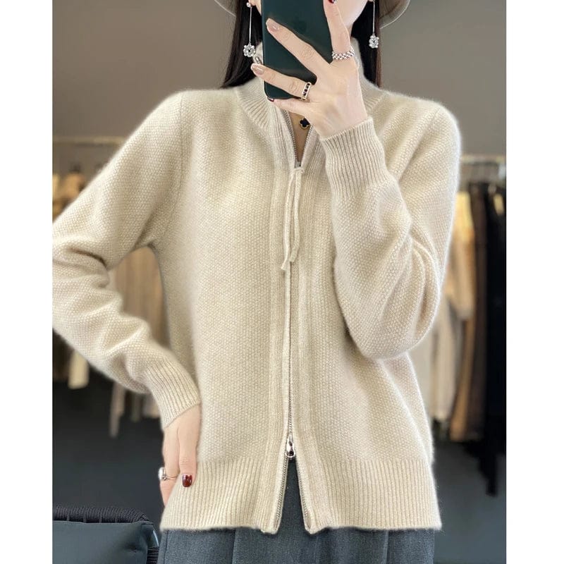 SHOWLU FASHION STORE High Quality 100% Wool Women's Cardigan Standing Collar Bidirectional Zipper  Cashmere Sweater Autumn and Winter Sweater Jacket