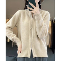 SHOWLU FASHION STORE High Quality 100% Wool Women's Cardigan Standing Collar Bidirectional Zipper  Cashmere Sweater Autumn and Winter Sweater Jacket