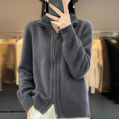 SHOWLU FASHION STORE High Quality 100% Wool Women's Cardigan Standing Collar Bidirectional Zipper  Cashmere Sweater Autumn and Winter Sweater Jacket