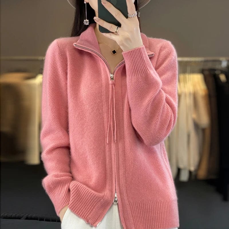 SHOWLU FASHION STORE High Quality 100% Wool Women's Cardigan Standing Collar Bidirectional Zipper  Cashmere Sweater Autumn and Winter Sweater Jacket