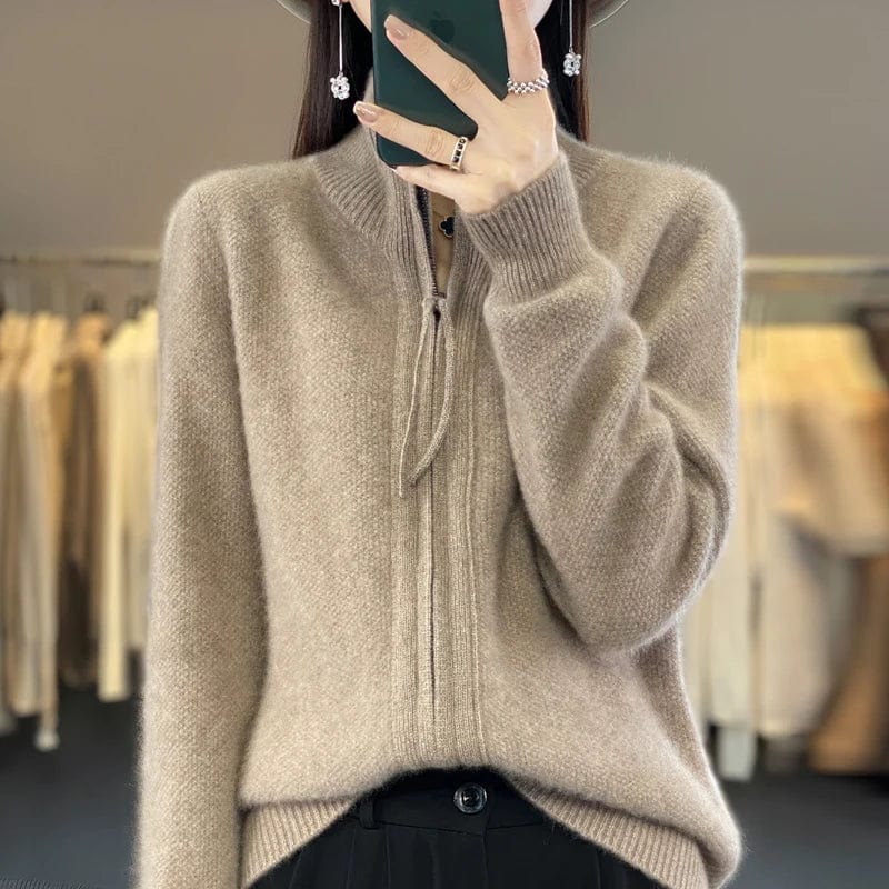 SHOWLU FASHION STORE High Quality 100% Wool Women's Cardigan Standing Collar Bidirectional Zipper  Cashmere Sweater Autumn and Winter Sweater Jacket