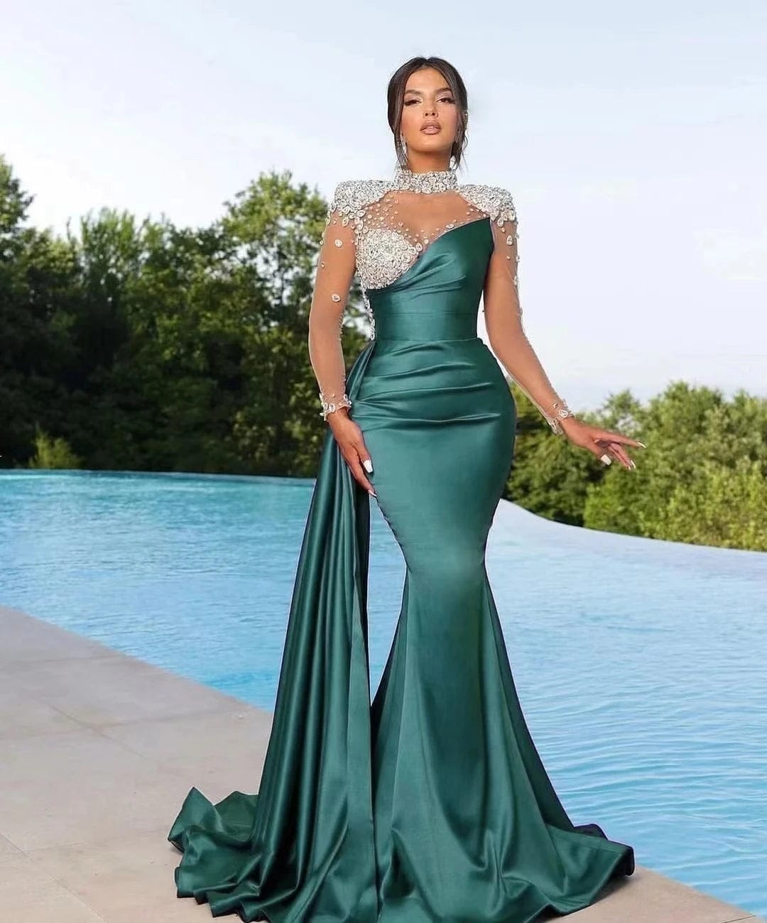 SHOWLU FASHION STORE High quality exquisite latest high neck design mermaid beaded sequins custom high-end luxury hand-stitched stage formal evening