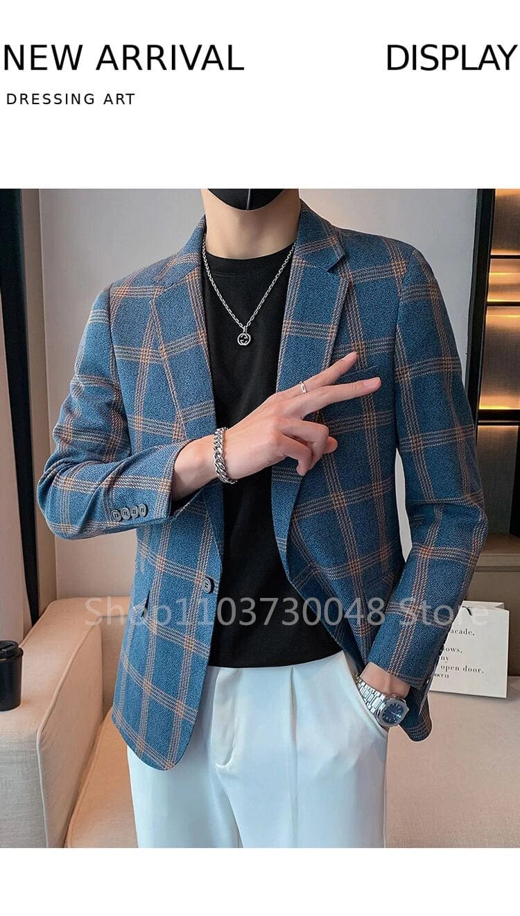 Men’s plaid wool blend blazer with notch lapel, stylish British-inspired suit jacket, casual business men's blazer in a high-quality fabric