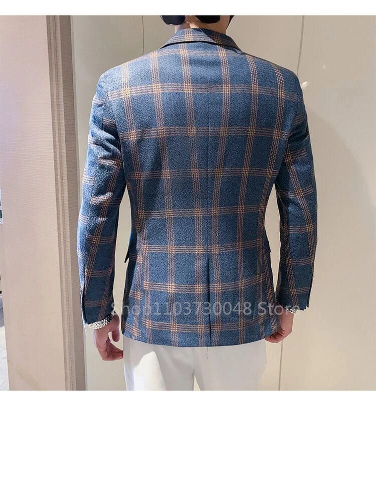 Showlu Fashion men's plaid wool blend suit jacket with notch lapel, stylish British-inspired blazer, casual business men's blazer.