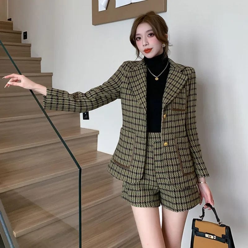 SHOWLU FASHION STORE High Quality Plaid Tweed Two Piece Set Women Winter Notched Collar Single Breasted Thick Blazer Coat+Woolen Pockets Shorts Suit