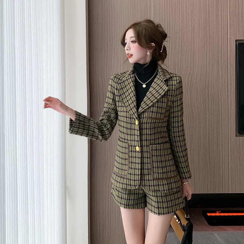 SHOWLU FASHION STORE High Quality Plaid Tweed Two Piece Set Women Winter Notched Collar Single Breasted Thick Blazer Coat+Woolen Pockets Shorts Suit